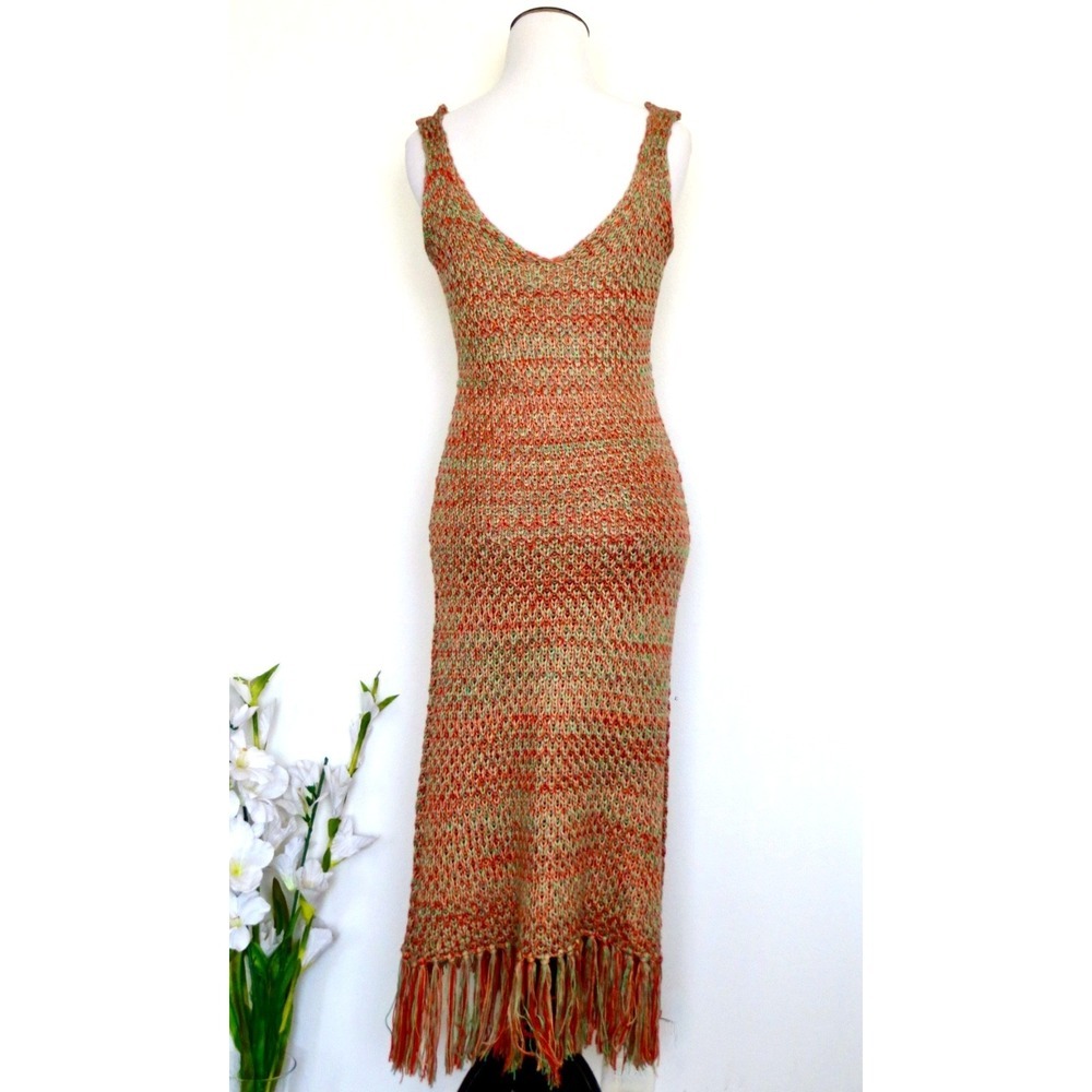 NEW! Crochet Knit Midi Dress Fringe Hem Sleeveless Bohemian Orange Green SZ S - Picture 8 of 11